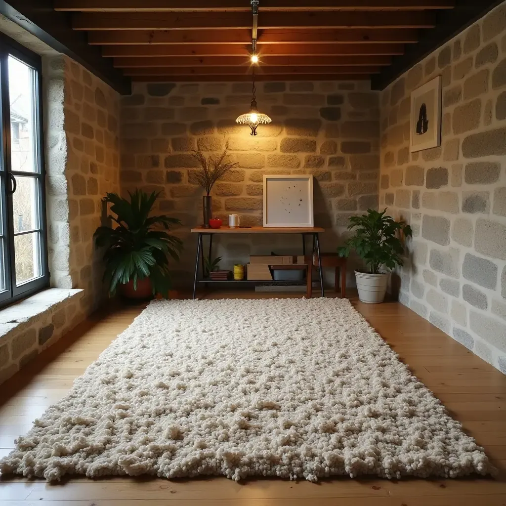 a photo of an eco-friendly rug made from recycled materials in a basement