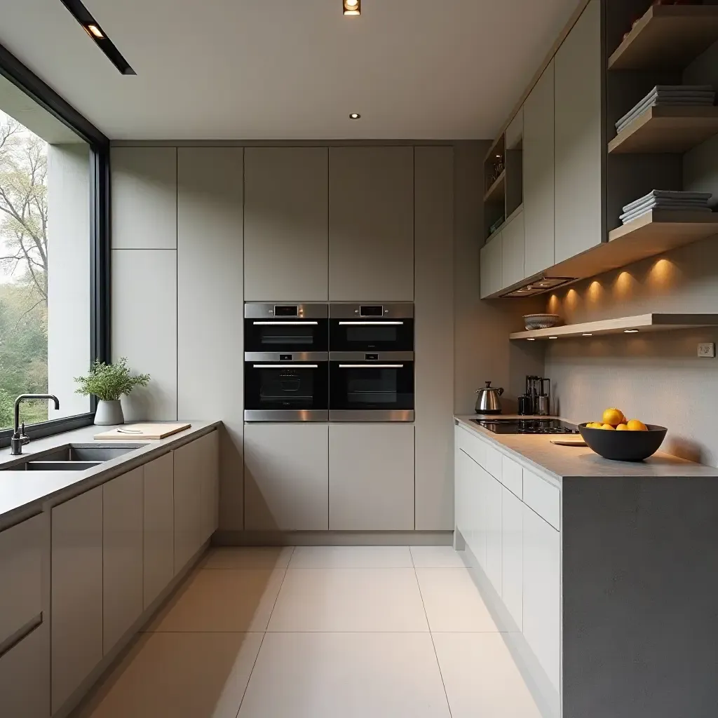 a photo of a high-tech kitchen with smart appliances and sleek finishes