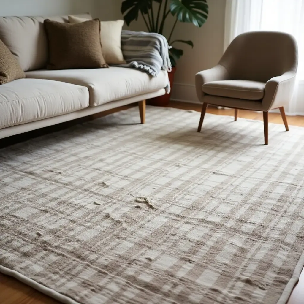 a photo of a textured, layered rug in a chic, inviting lounge