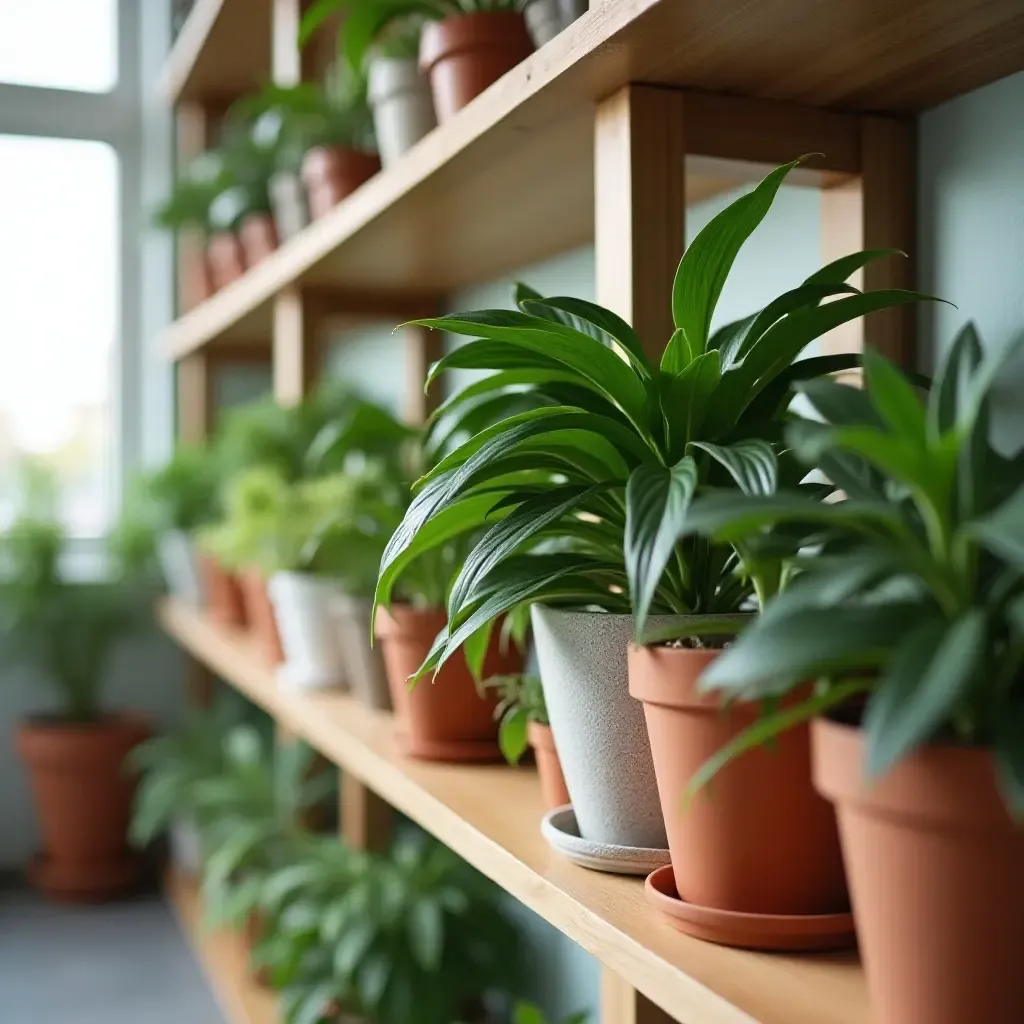 a photo of potted plants arranged along a corridor shelf