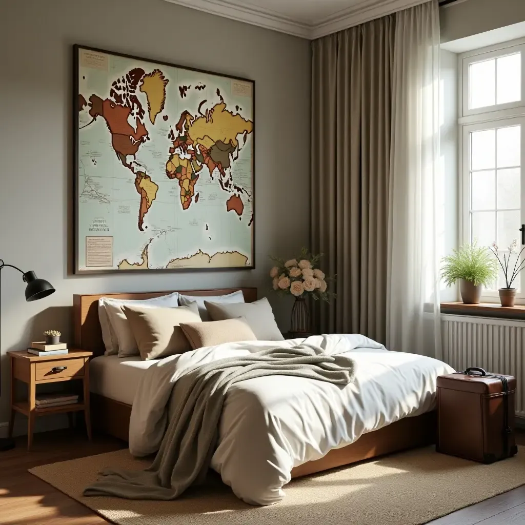 a photo of a travel adventure-themed bedroom with suitcases and maps