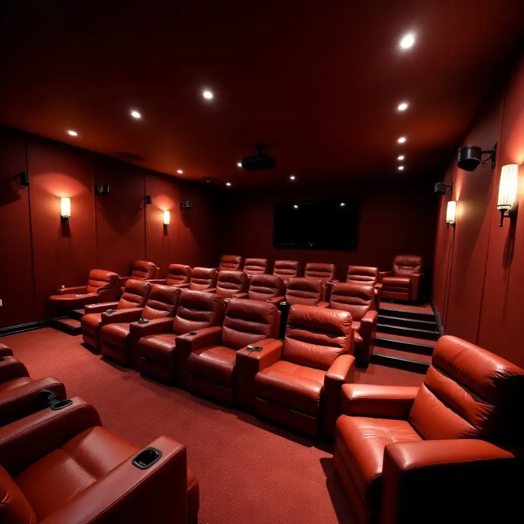 a photo of a luxurious basement home theater with plush seating and ambient lighting