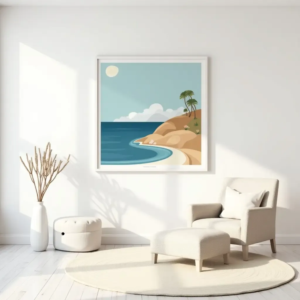 a photo of a bright room with wall art depicting Mediterranean landscapes