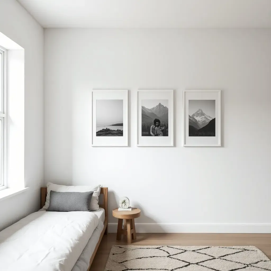 a photo of a minimalist gallery wall featuring black and white photography in a modern teen room