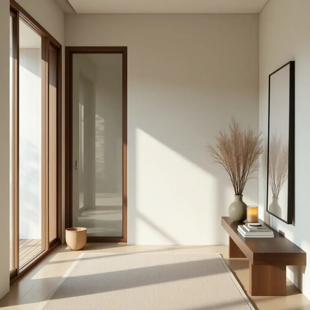 a photo of a zen-inspired foyer with calming colors and natural elements