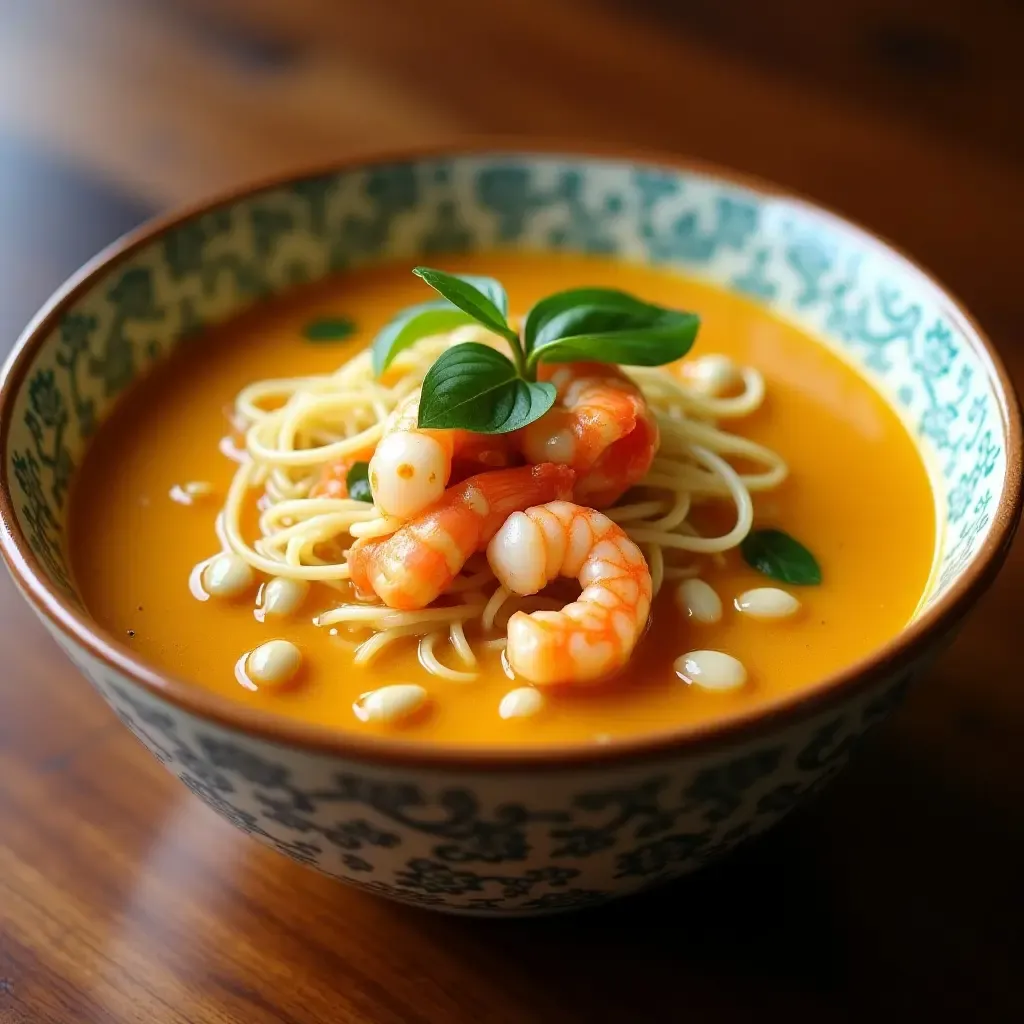 a photo of vibrant mi quang turmeric noodle soup with shrimp and peanuts