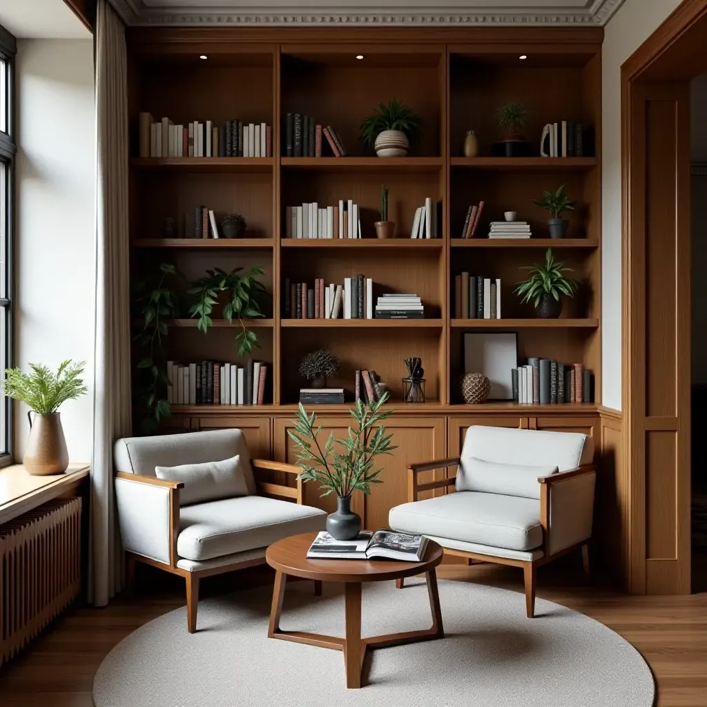 a photo of a stylish reading nook in a small library