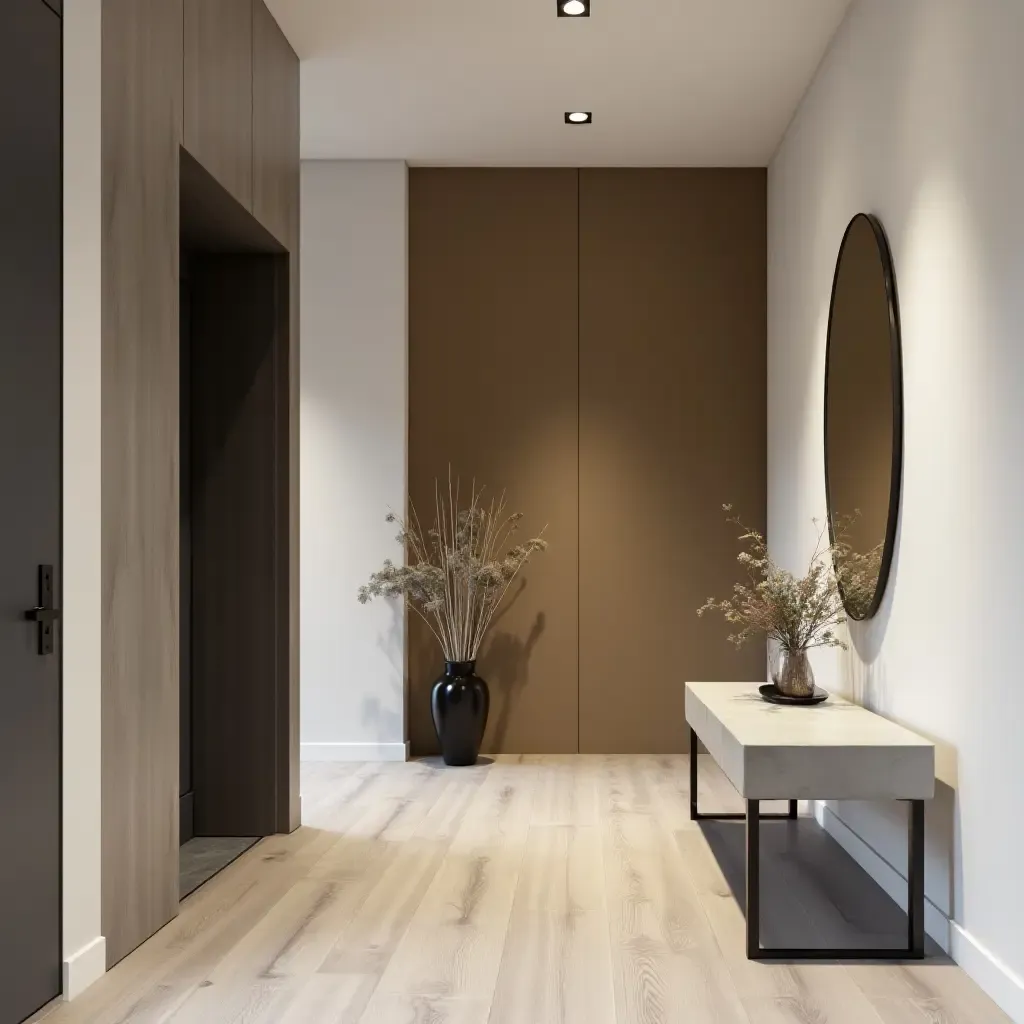 a photo of a minimalist entrance hall with a striking accent wall and subtle decor