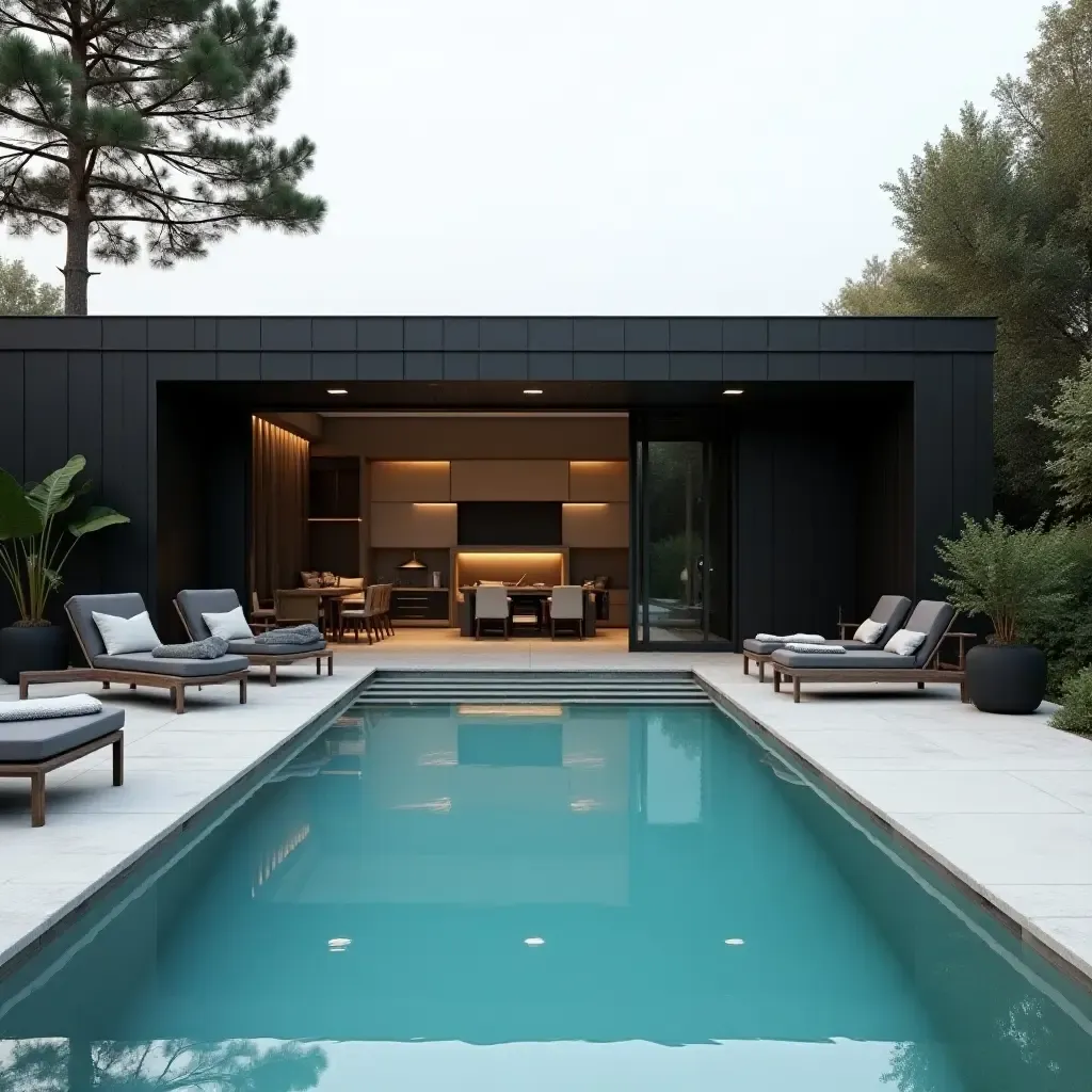 a photo of a modern pool area with sleek lines and bold monochrome colors