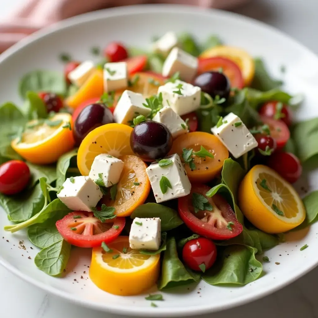 a photo of a colorful Greek salad from the Peloponnese, with feta, olives, and vibrant vegetables.