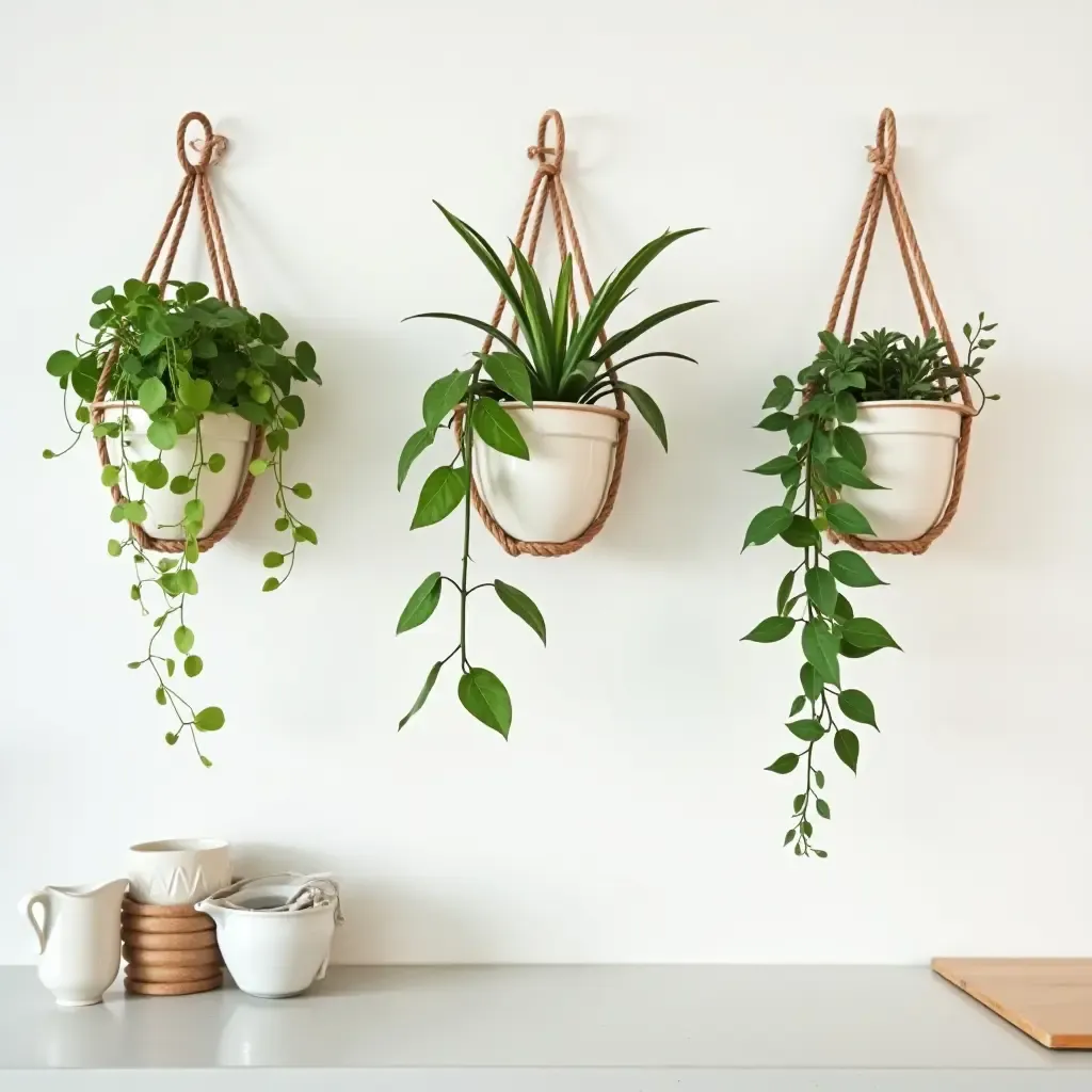 a photo of a series of hanging plants as kitchen wall decor