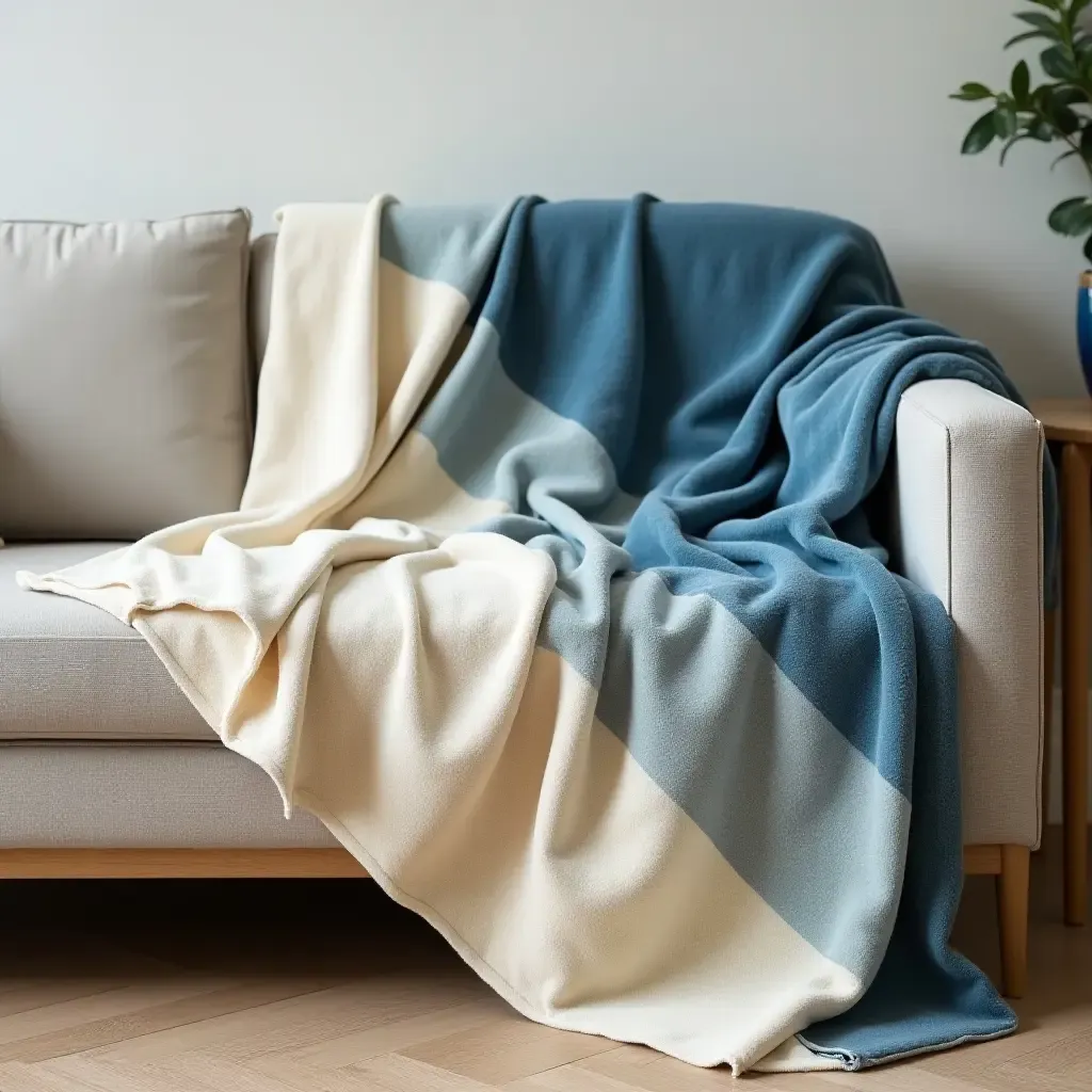 a photo of a cream and blue throw blanket draped over a stylish sofa