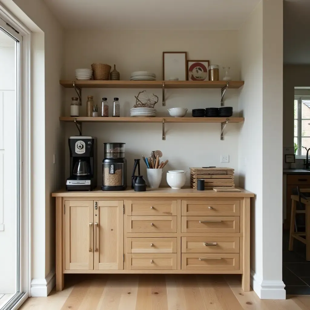 a photo of a wooden coffee station in a kitchen