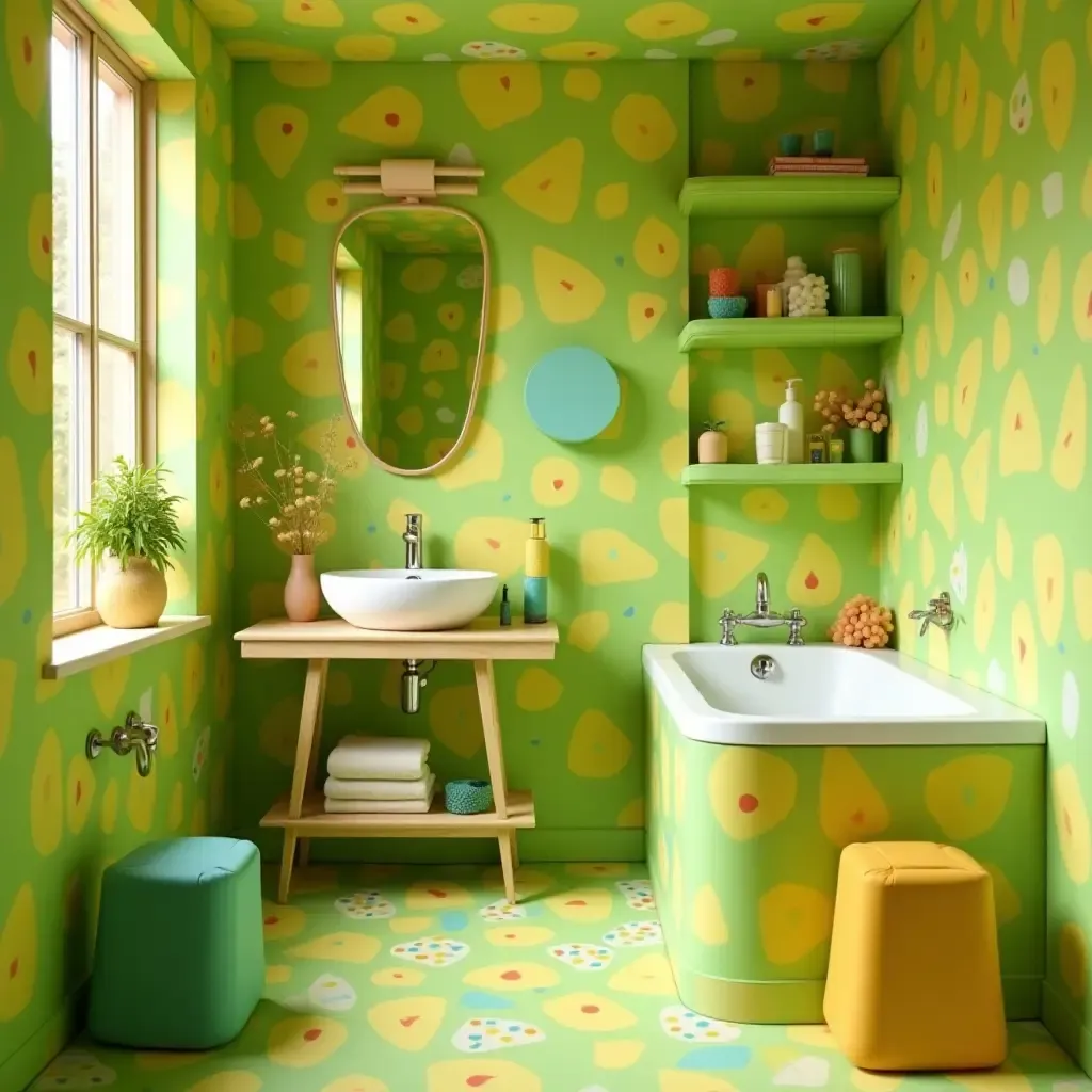 a photo of a vibrant green and yellow bathroom with fun patterns