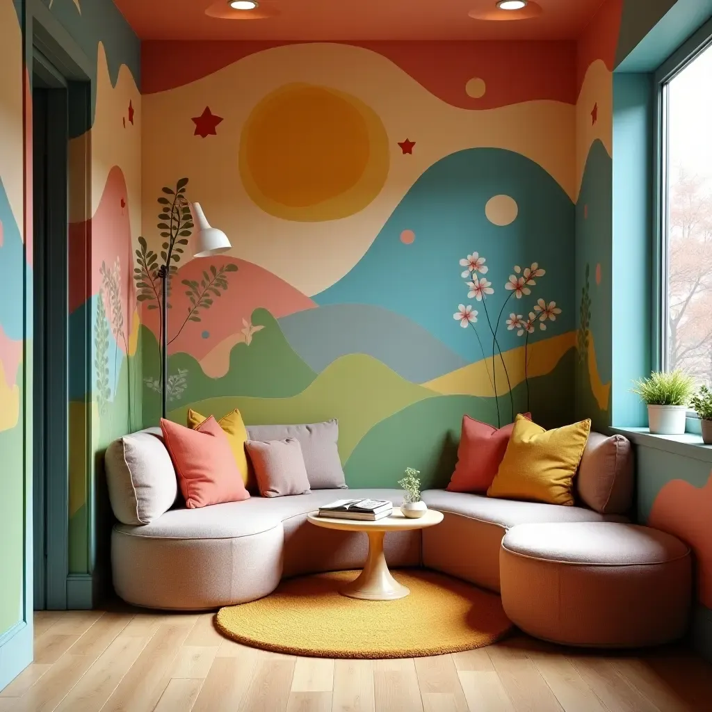 a photo of a reading nook with a colorful mural and soft seating