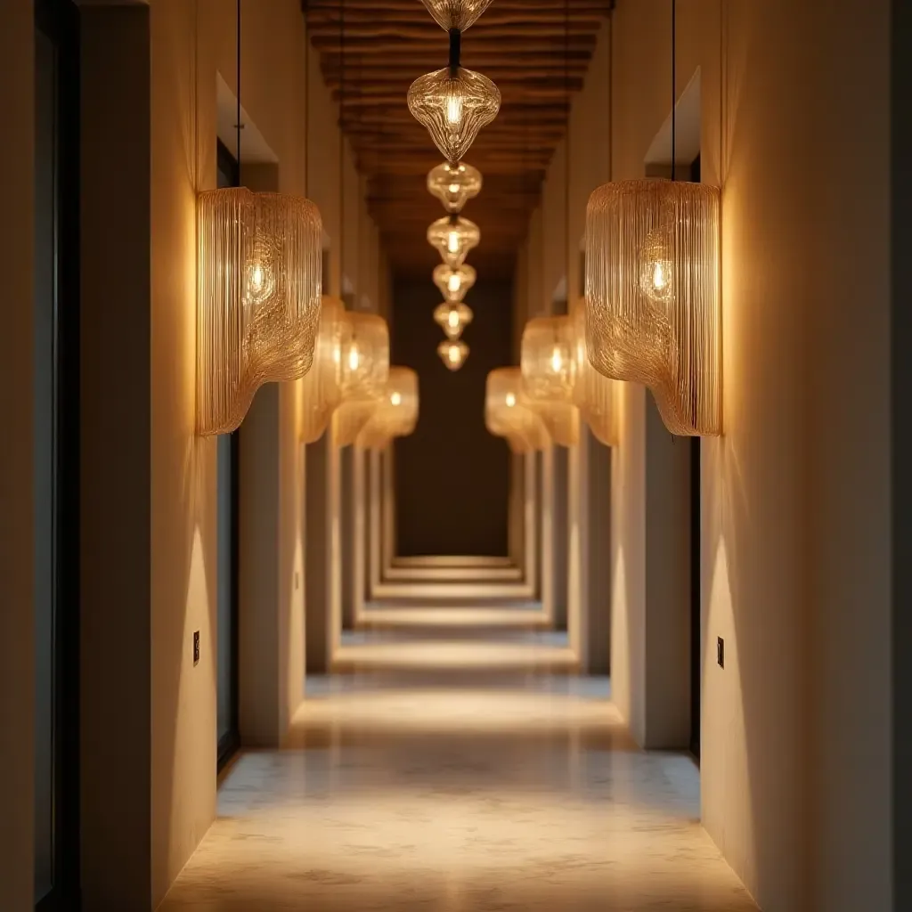 a photo of a corridor with pendant lights that have artistic designs