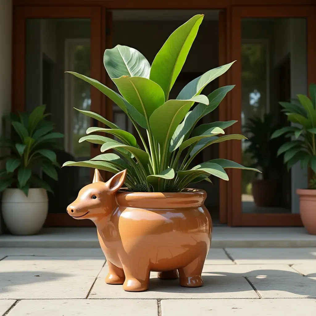 a photo of a unique planter shaped like an animal in the entrance