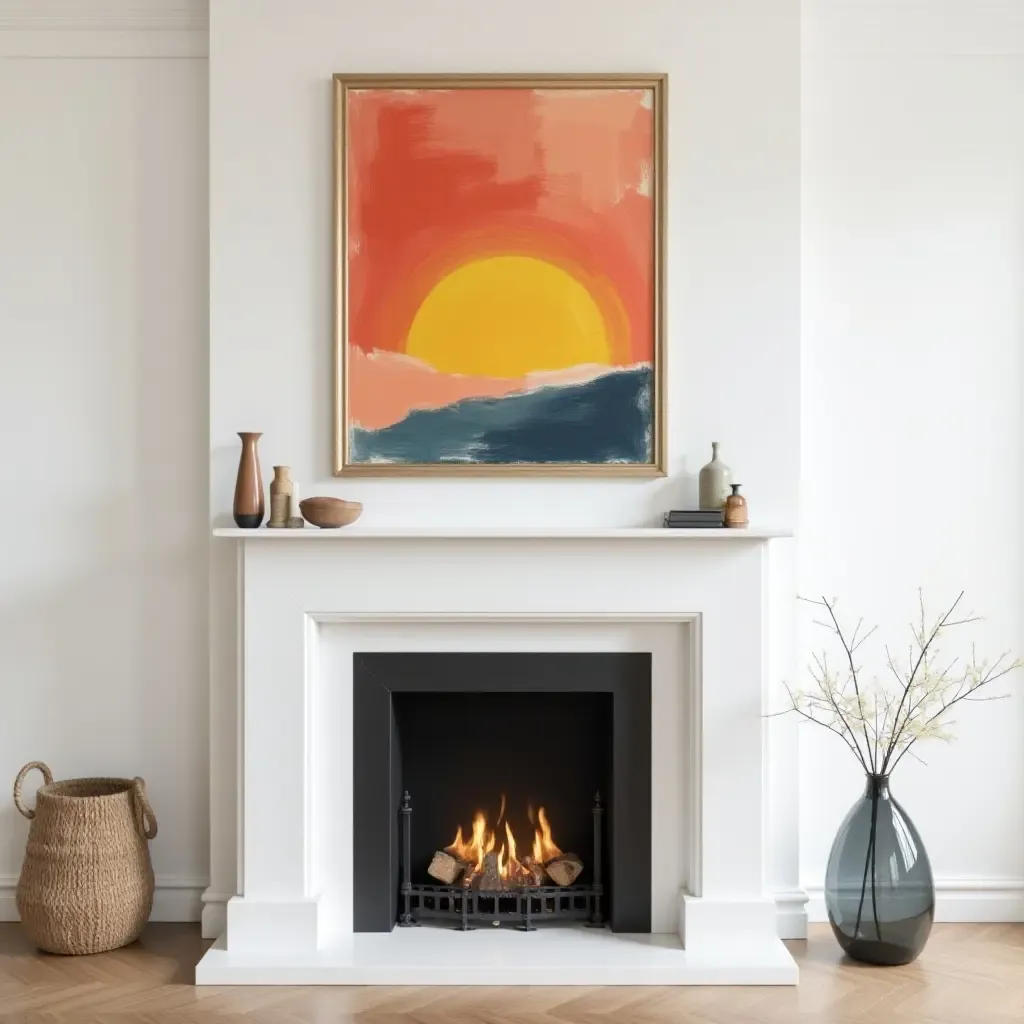 a photo of a contemporary white fireplace mantel with colorful artwork