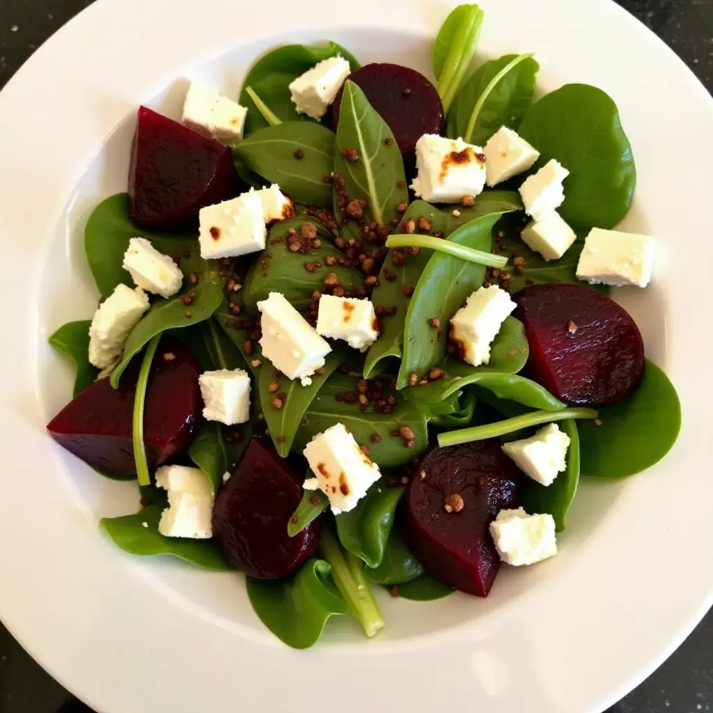 a photo of a Greek salad with roasted beets, goat cheese, and a balsamic glaze.