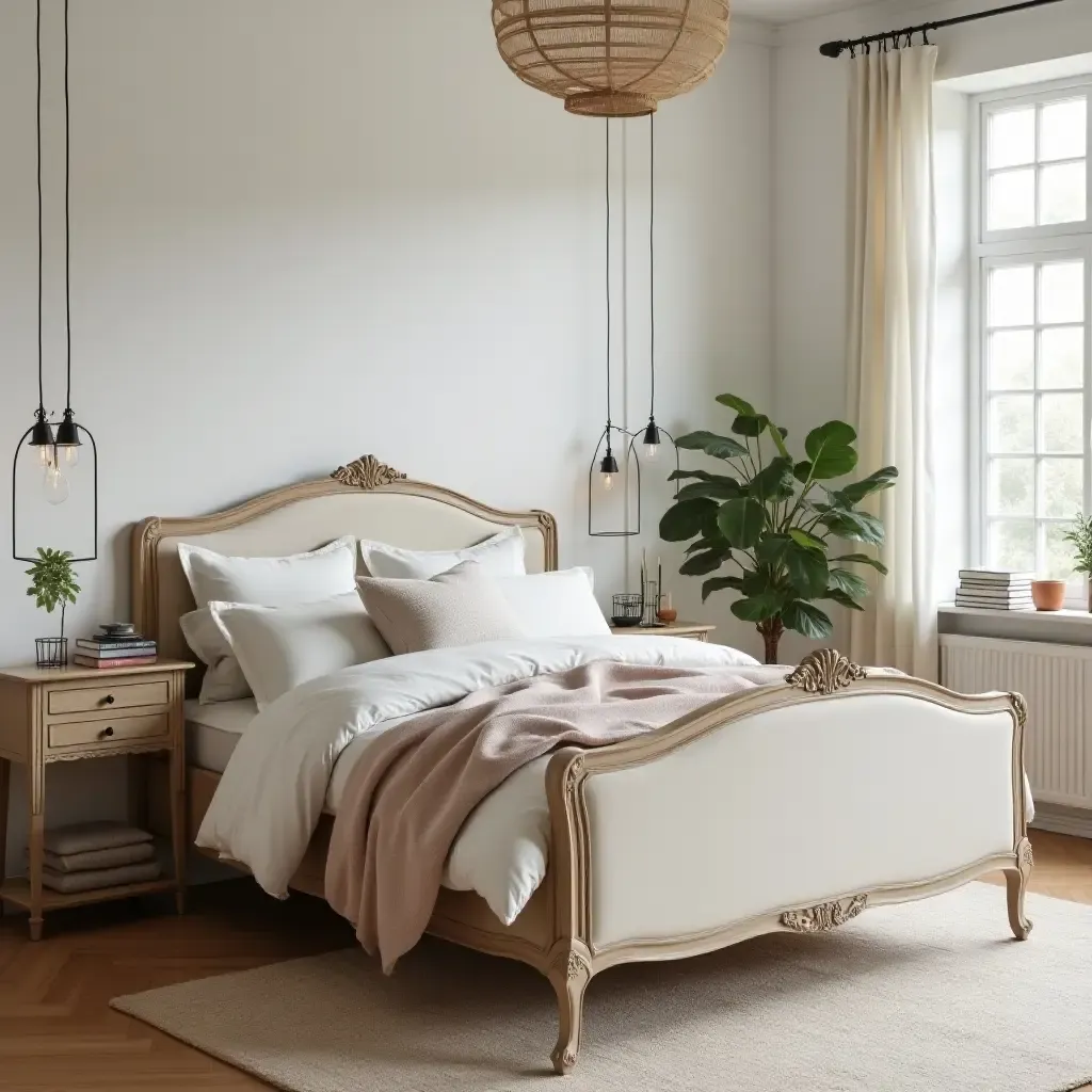 a photo of a serene bedroom showcasing a vintage bed frame with modern linens