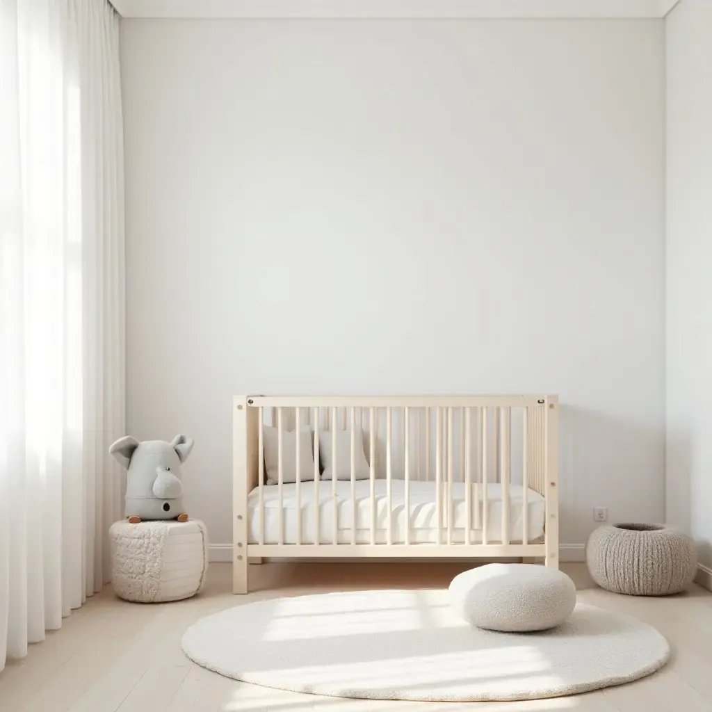 a photo of a minimalist nursery with a focus on open space and organization