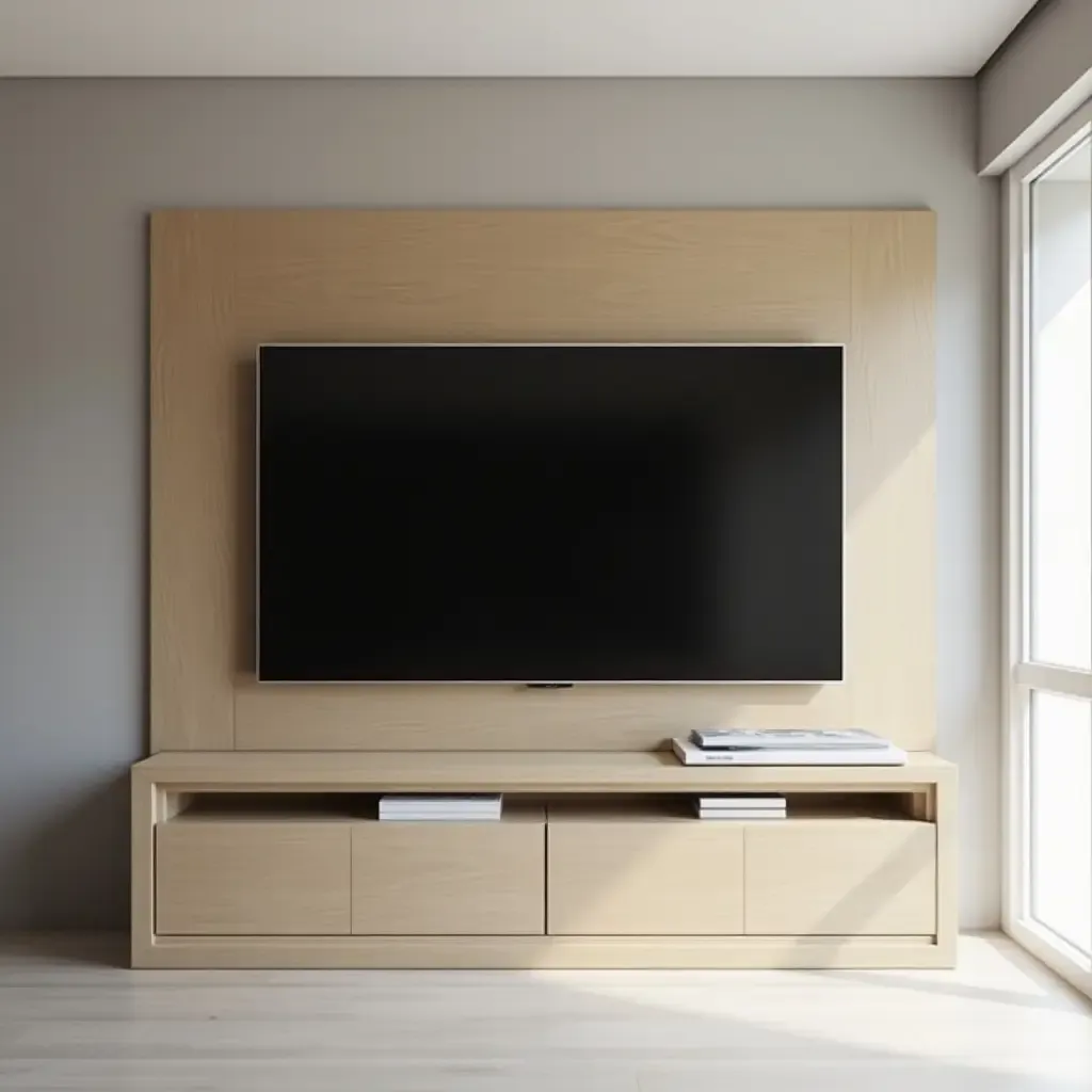 a photo of a stylish wall-mounted TV with hidden storage