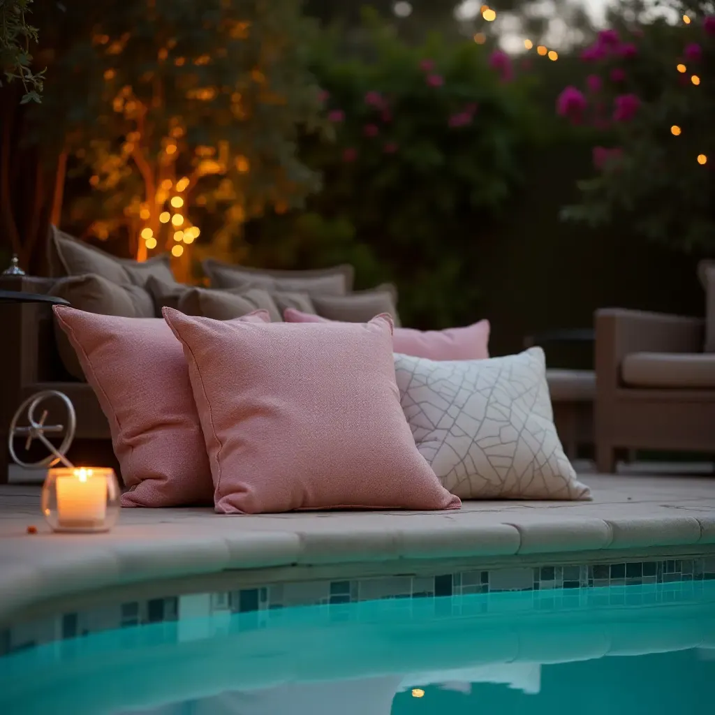 a photo of throw pillows enhancing a romantic evening by the pool