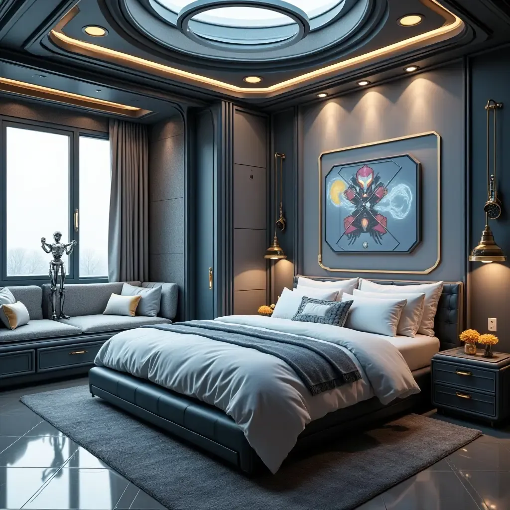 a photo of a robot-themed bedroom with futuristic designs and gadgets