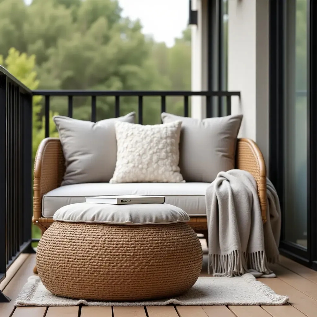 a photo of a balcony featuring a stylish storage ottoman and cozy blankets