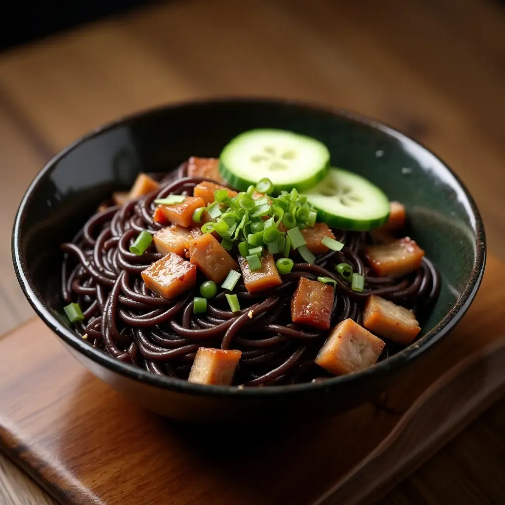 a photo of savory Korean black bean noodles with diced pork and cucumber slices