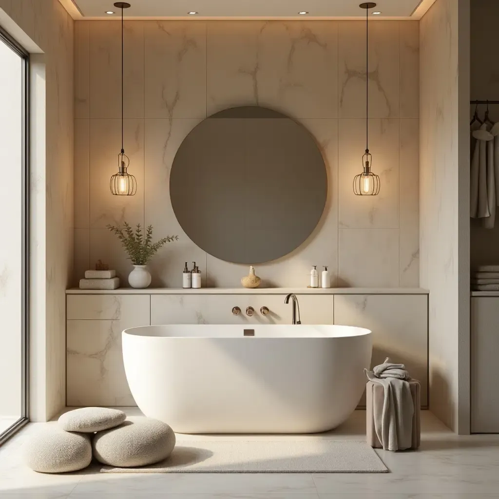 a photo of a spa-like bathroom featuring soft pendant lights and natural materials