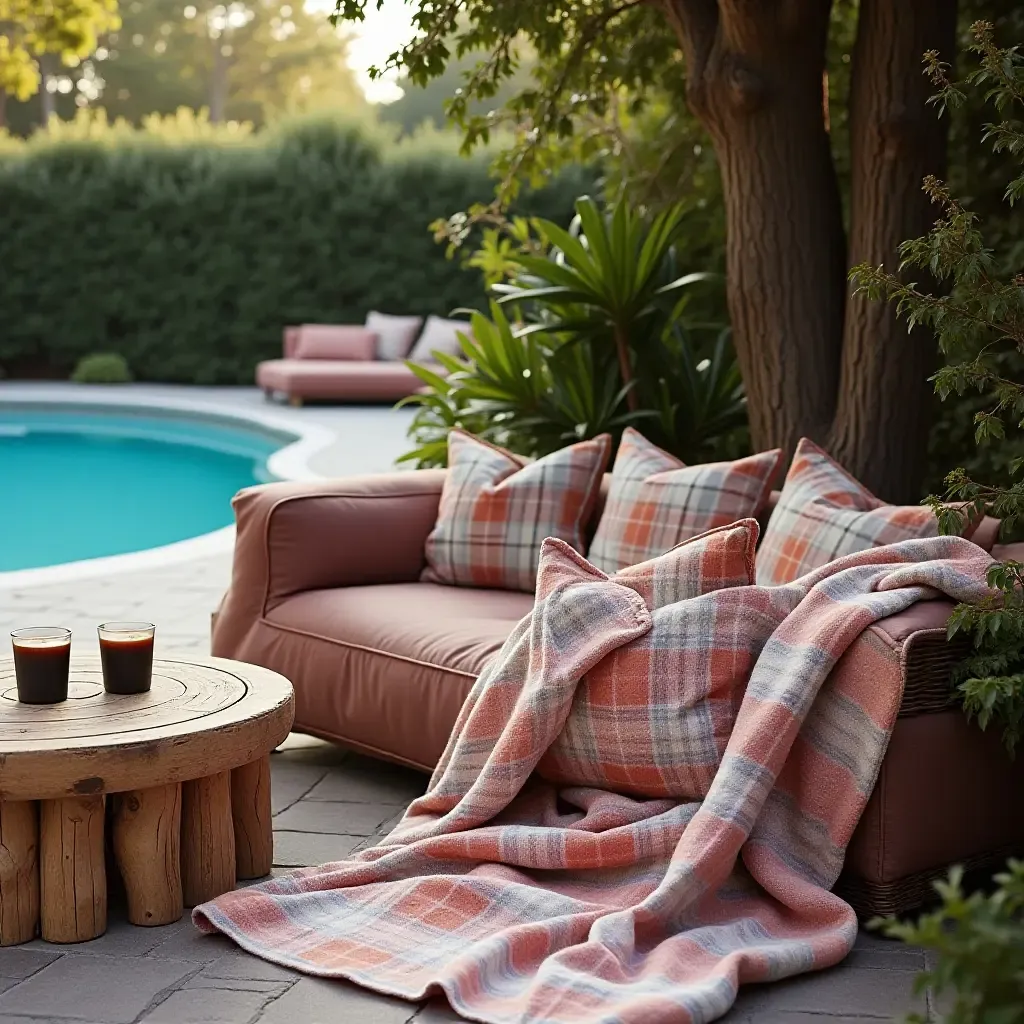 a photo of a cozy outdoor seating area near the pool with plaid blankets and pillows