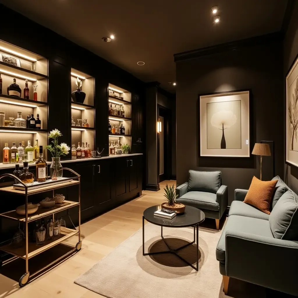 a photo of a trendy basement lounge with a bar cart and modern seating