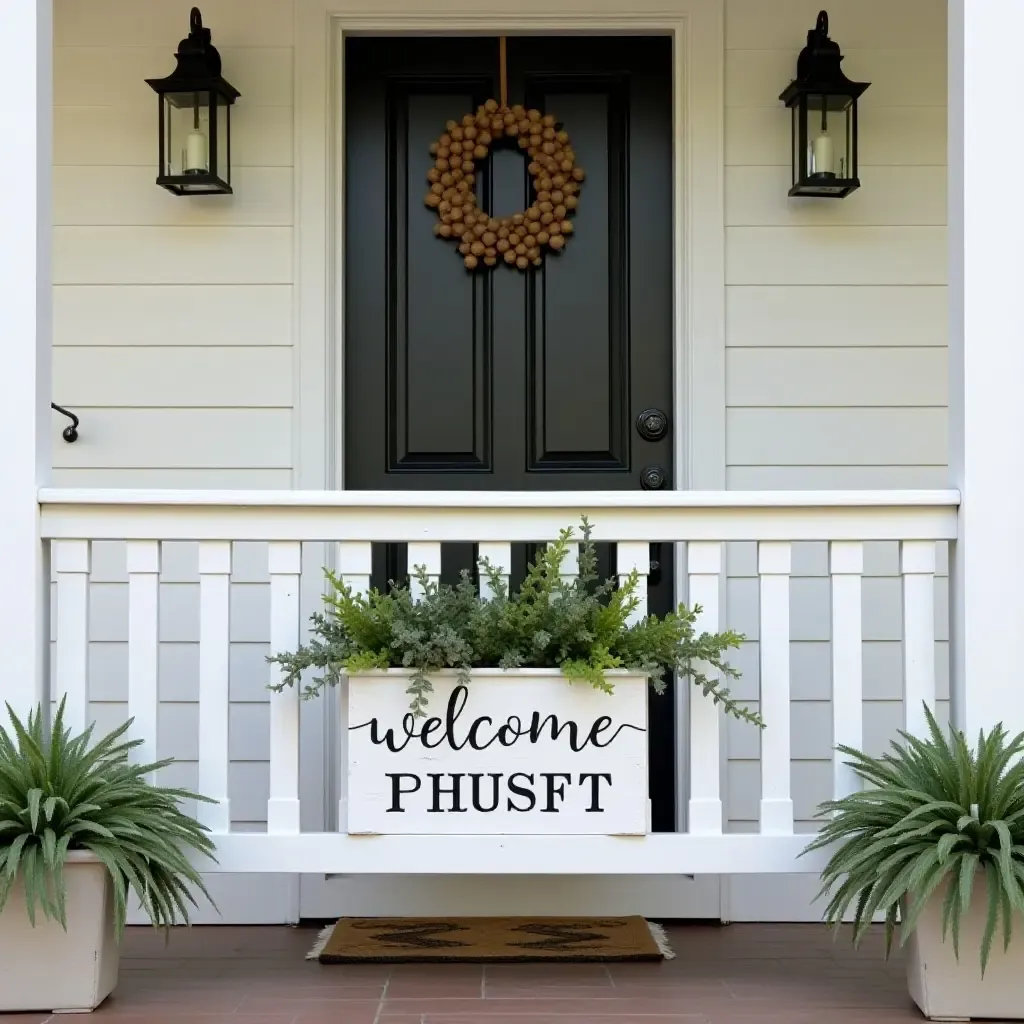 a photo of a balcony with a charming farmhouse-style welcome sign