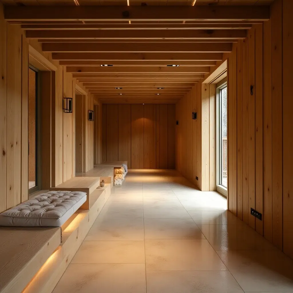 a photo of a basement with wooden elements and natural light