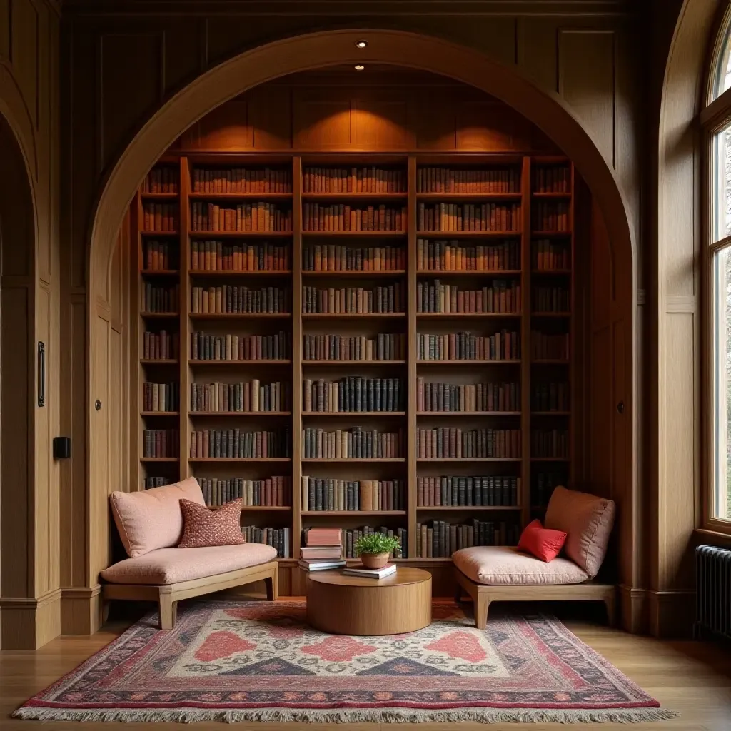 a photo of a library with a wooden archway and cozy seating