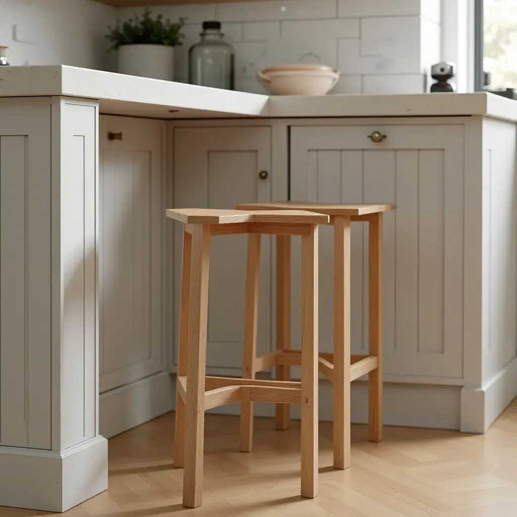 a photo of a wooden stool by a kitchen counter