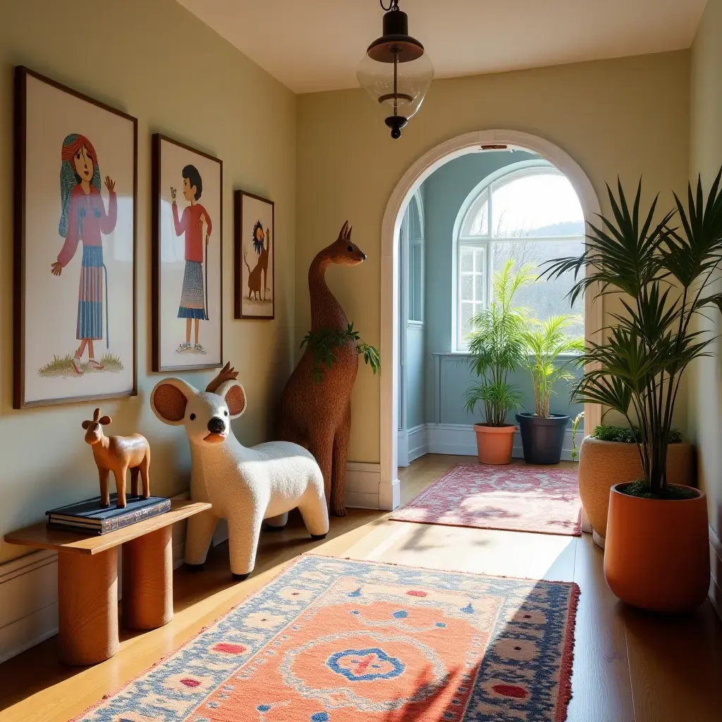 a photo of an entrance hall decorated with playful animal sculptures and vibrant rugs