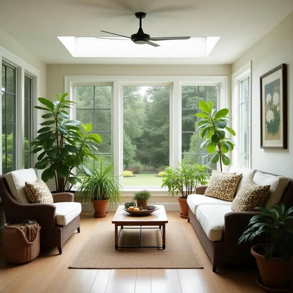 a photo of a bright basement sunroom with plants and comfortable seating