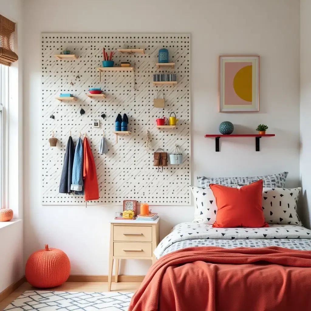 a photo of a pegboard wall organizer in a vibrant teen bedroom