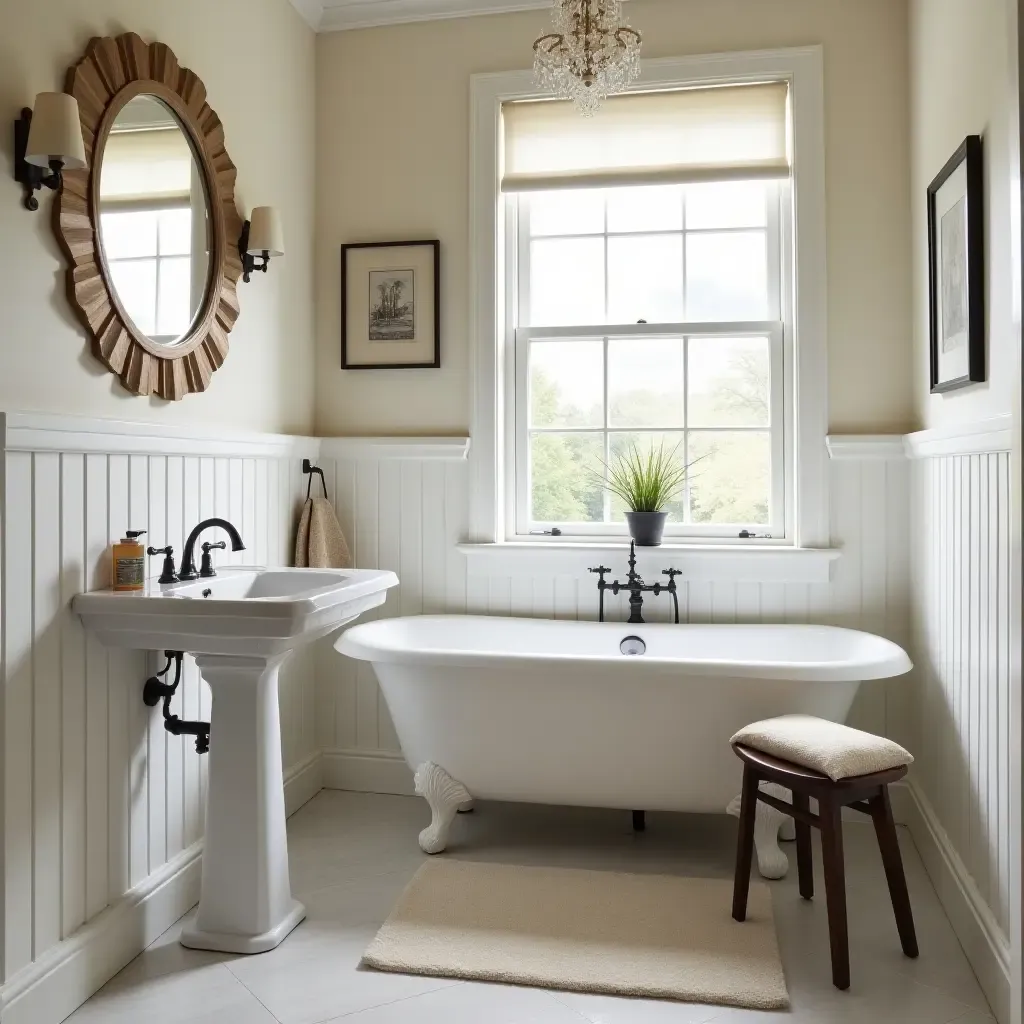 a photo of a charming bathroom with a vintage footstool