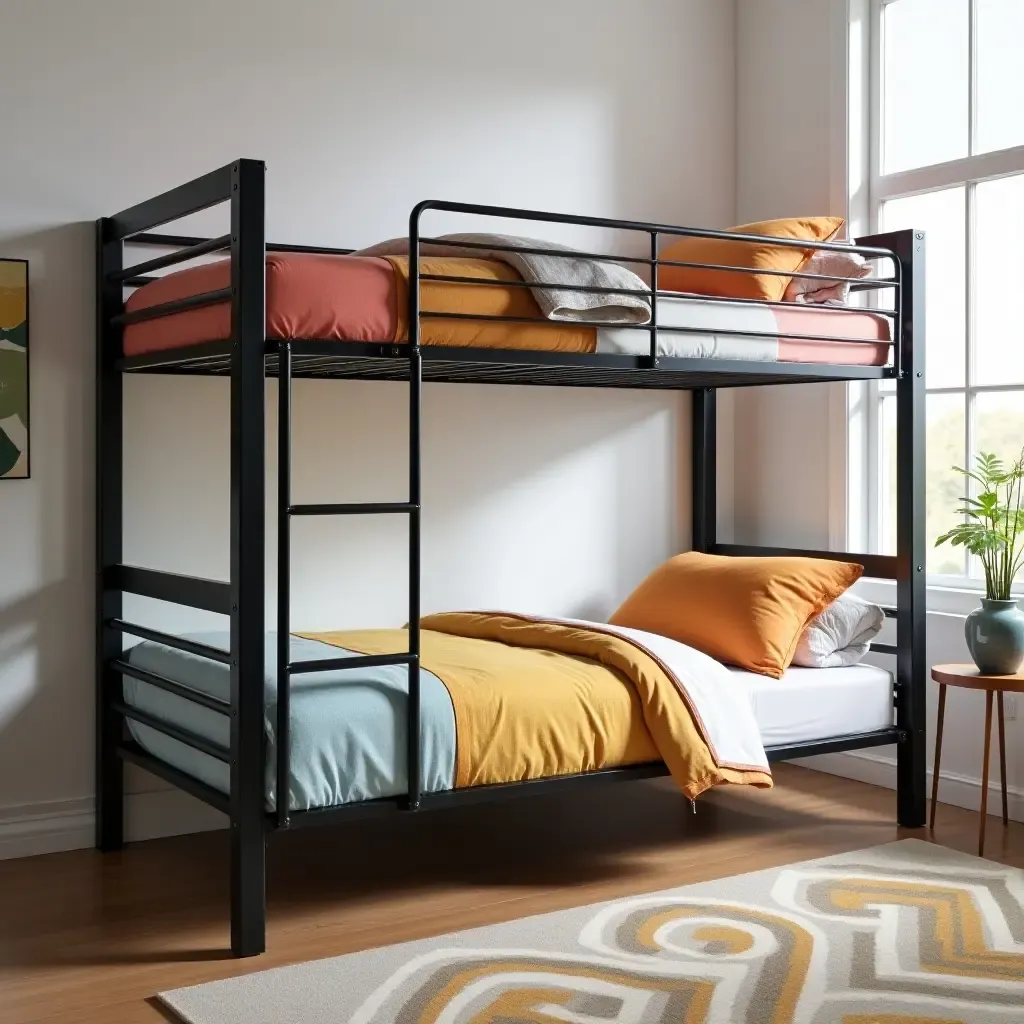 a photo of a stylish metal bunk bed with colorful bedding