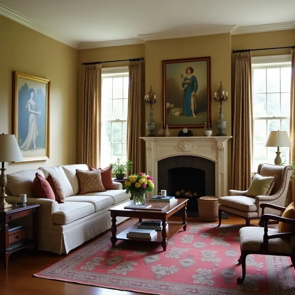 a photo of a living room showcasing colonial-style accessories and vintage treasures