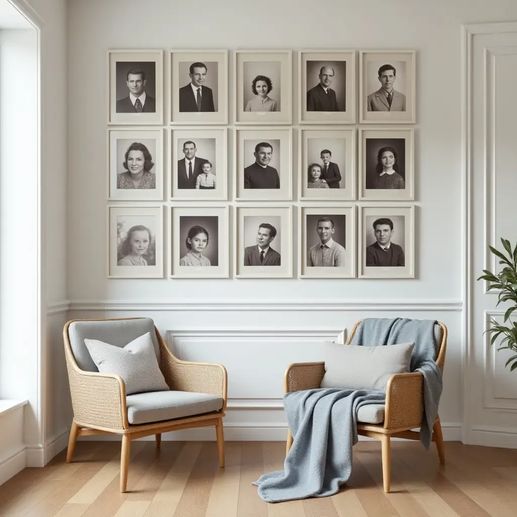 a photo of a gallery wall featuring a timeline of family history through photos