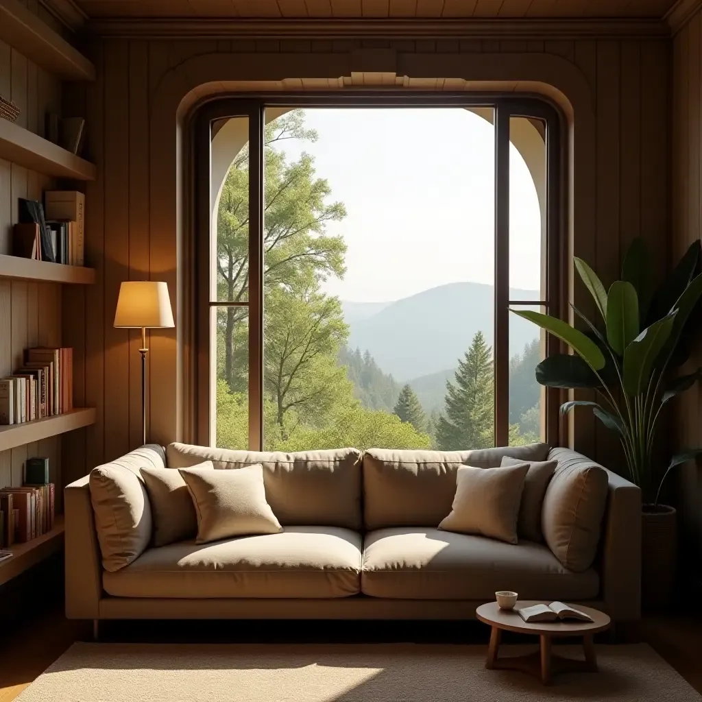 a photo of a reading nook with a comfortable sofa and a scenic view