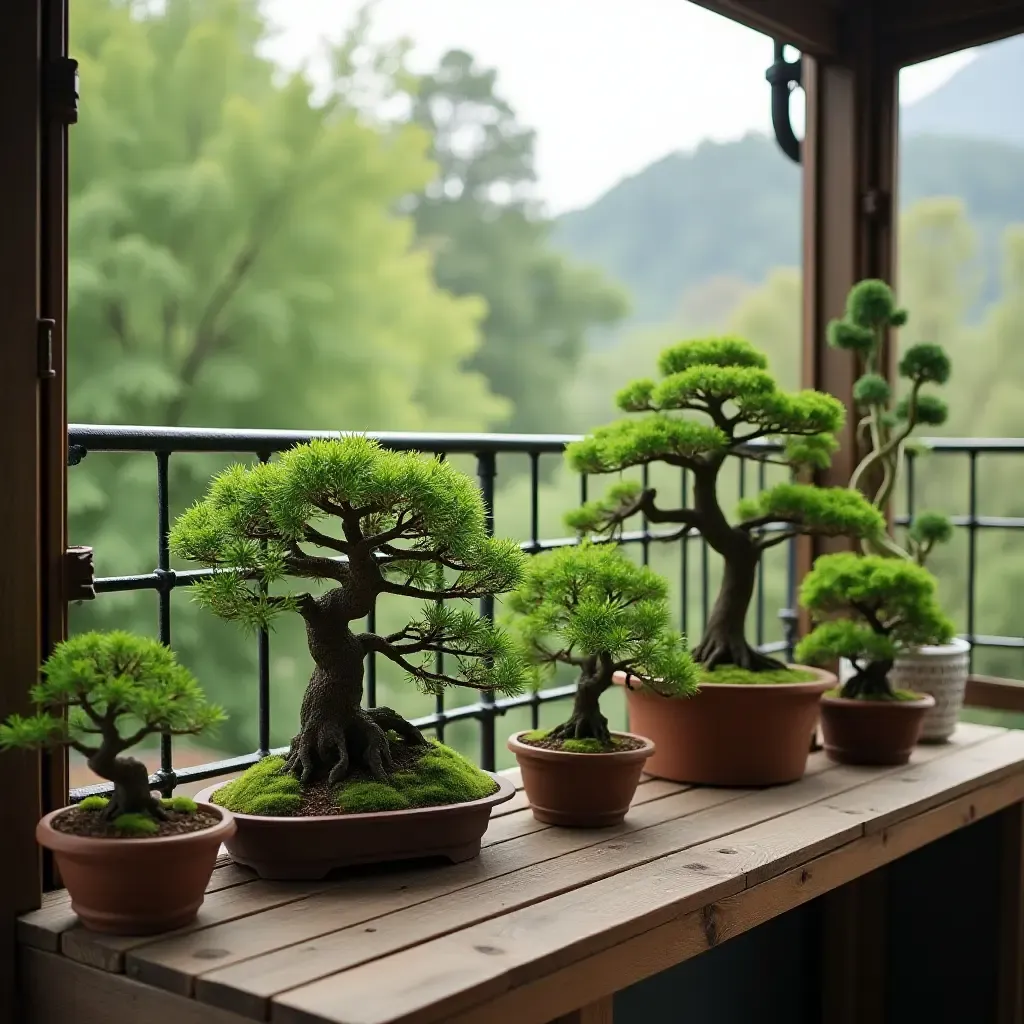 a photo of a balcony showcasing a collection of miniature bonsai trees