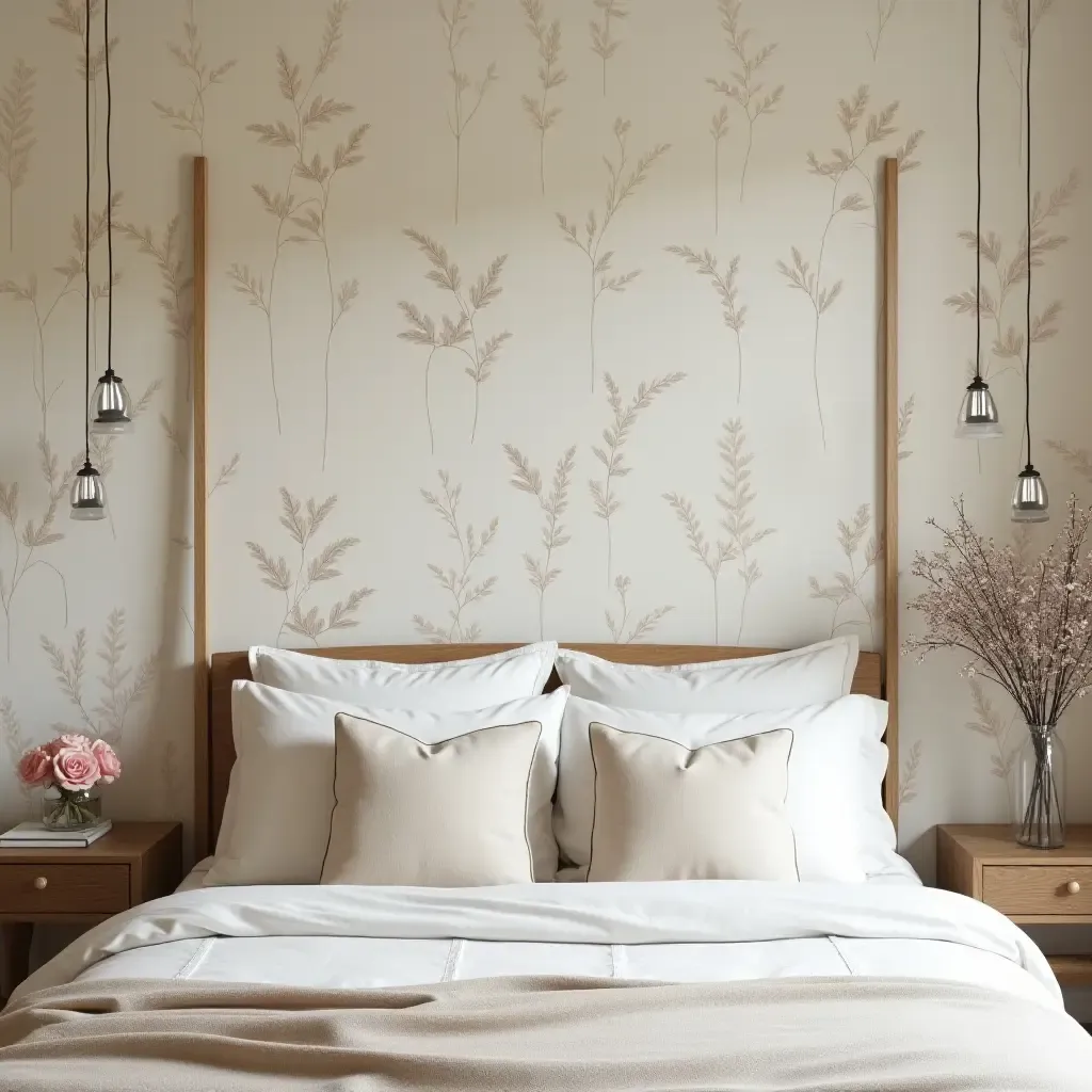 a photo of a peaceful bedroom with botanical wallpaper and soft, natural fabrics