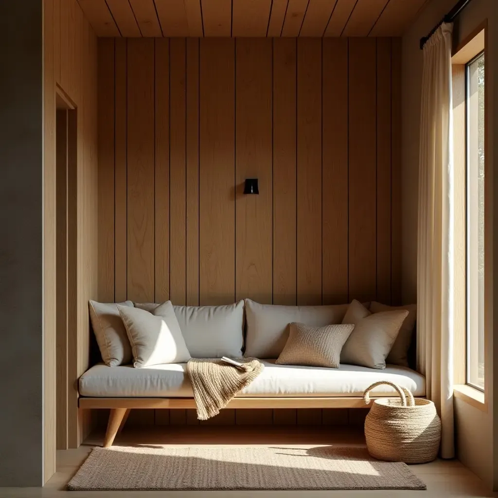 a photo of a cozy reading nook with wooden elements