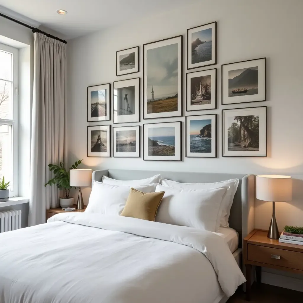 a photo of a bedroom with a gallery wall of travel photos and art