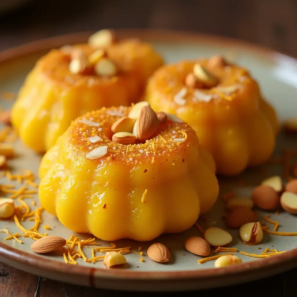 a photo of sweet lentil halwa decorated with almonds and saffron strands.